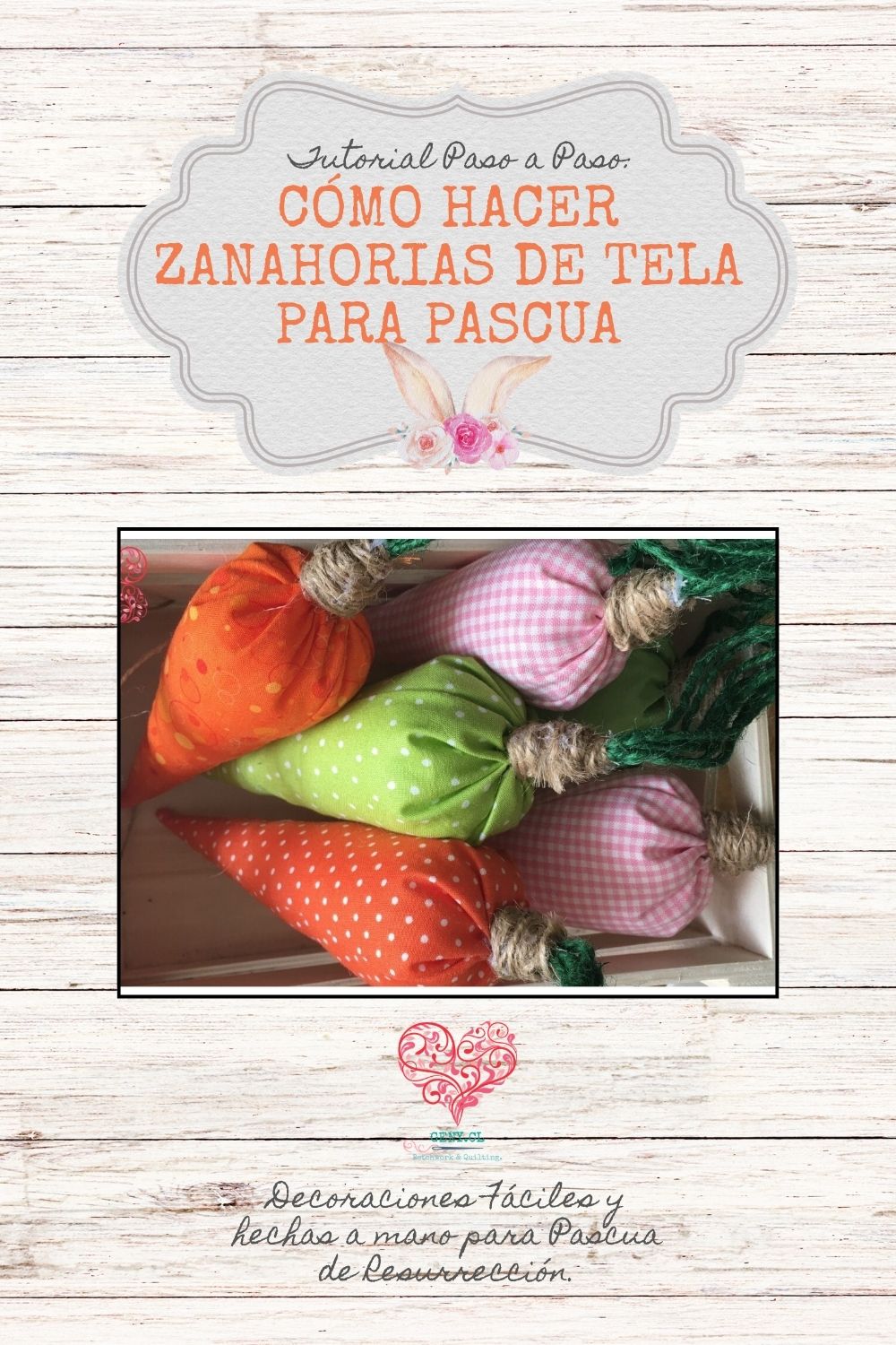 Zanahorias de tela hechas a mano para Pascua, con telas estampadas en tonos naranjo y verde, ideales como decoración o para regalar dulces en Semana Santa.