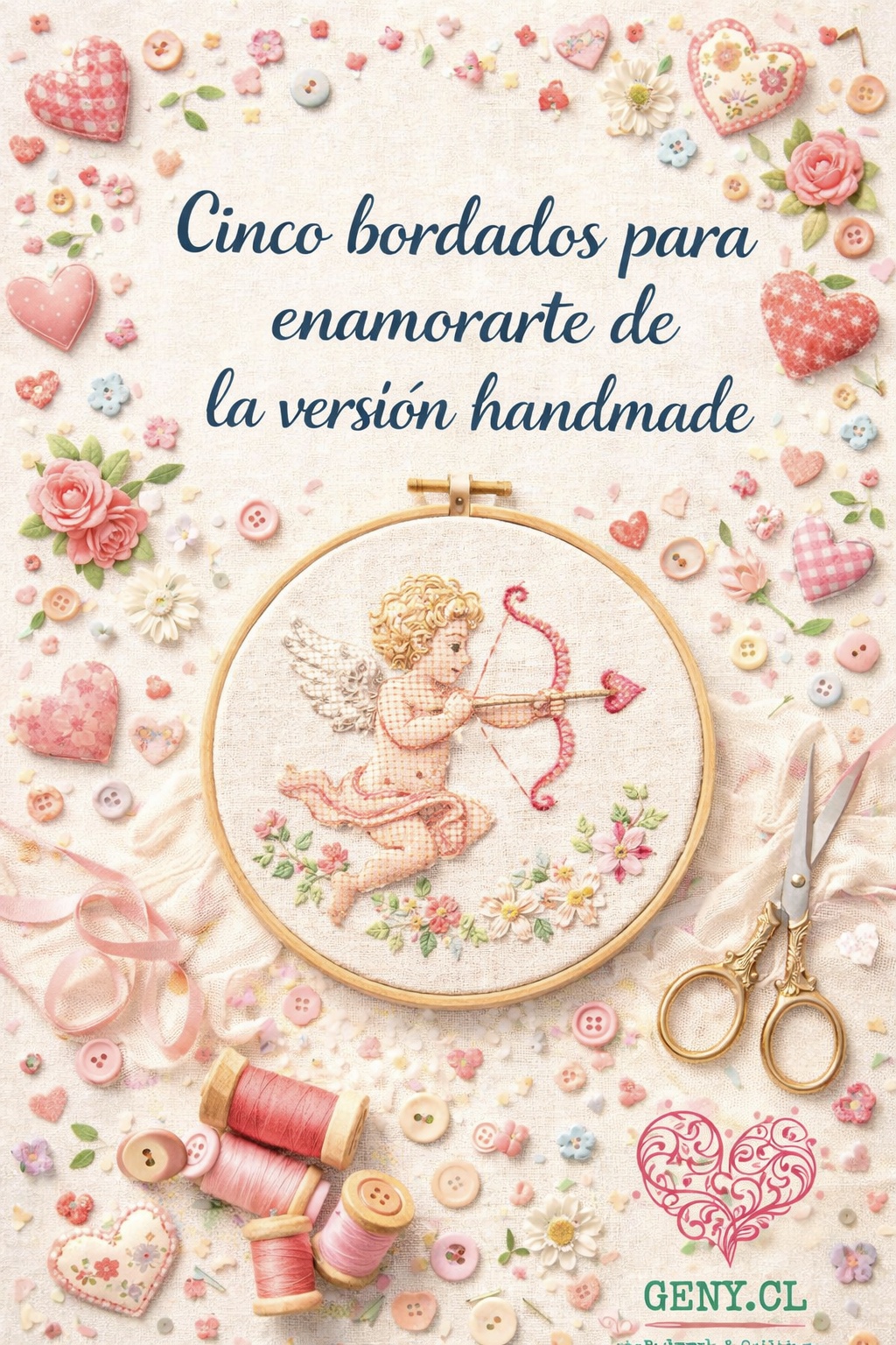 Imagen vertical estilo shabby chic con fondo de lino claro. En el centro, un bastidor con un bordado de Cupido rodeado de flores bordadas. Alrededor, corazones de tela, botones y carretes de hilo en tonos rosa y crema, con el logo de GENY.CL en la esquina inferior derecha.