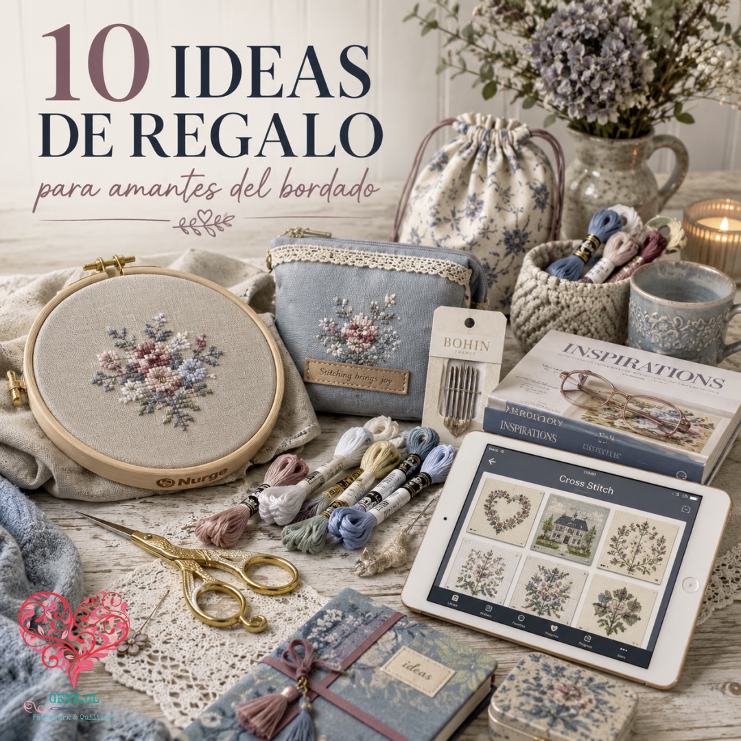 Mesa de estilo shabby chic con ideas de regalo para amantes del bordado: bastidor con bordado floral, tijeras doradas, hilos, agujas, bolsa de proyecto, accesorios e iPad con diseños de punto de cruz, en tonos azules, malvas y neutros.
Shabby chic table featuring gift ideas for embroidery and cross stitch lovers, including a floral embroidery hoop, gold scissors, floss, needles, project bags, stitching accessories and an iPad displaying cross stitch designs in soft blue, mauve and neutral tones.
