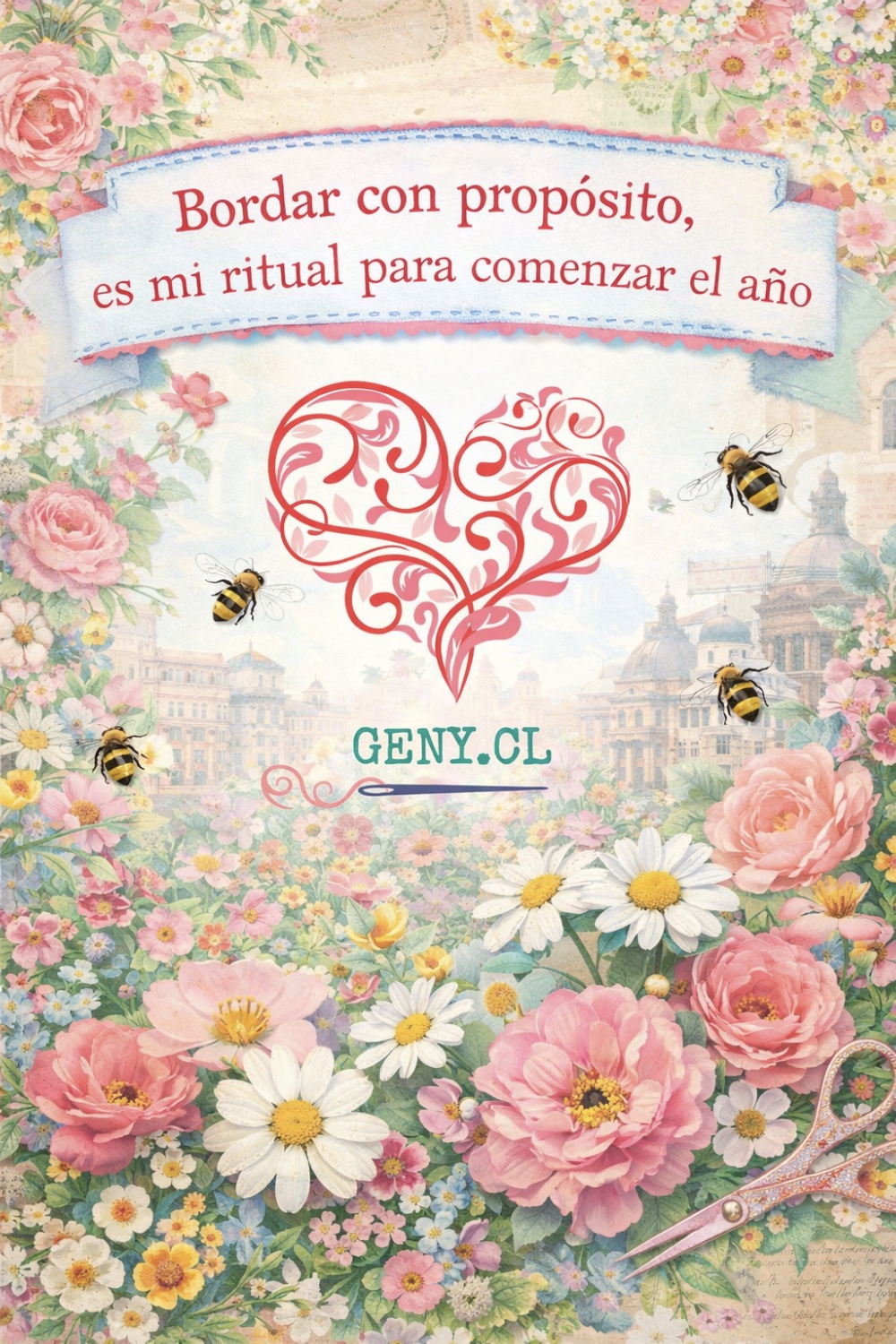 Imagen floral con la frase “Bordar con propósito, es mi ritual para comenzar el año”, inspirada en el ritual Blessed Needle 2026.