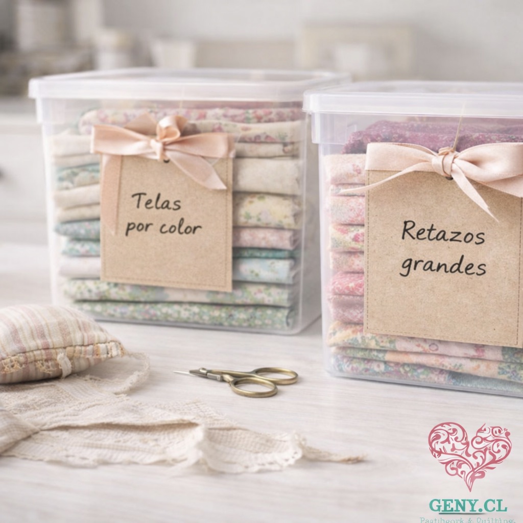 Sistema de etiquetas shabby chic en cajas plásticas para mejorar la organización de materiales de costura.