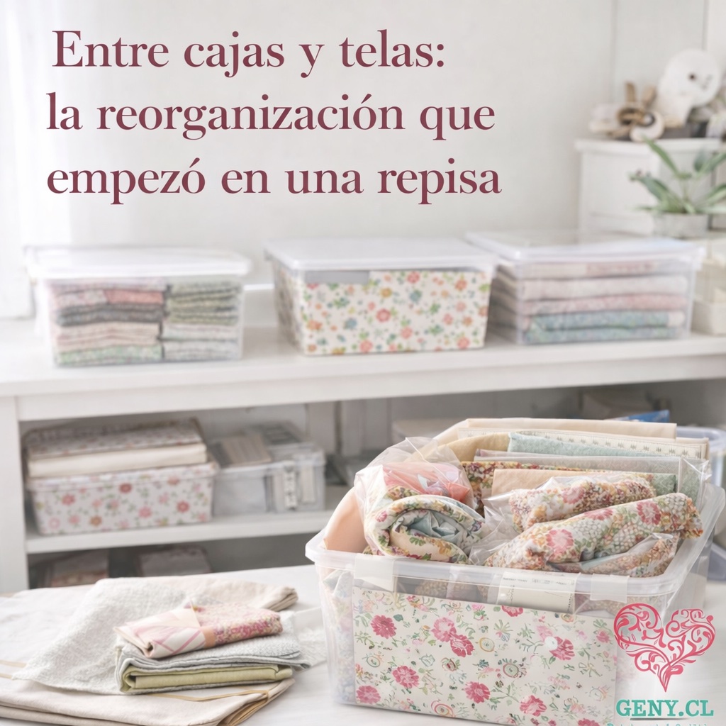 Sistema de organización de materiales de costura con cajas decoradas, telas dobladas y etiquetas en una habitación blanca y luminosa.