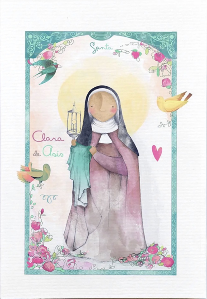 Santa Clara de Asís, patrona de las bordadoras y símbolo de devoción en el arte del bordado.