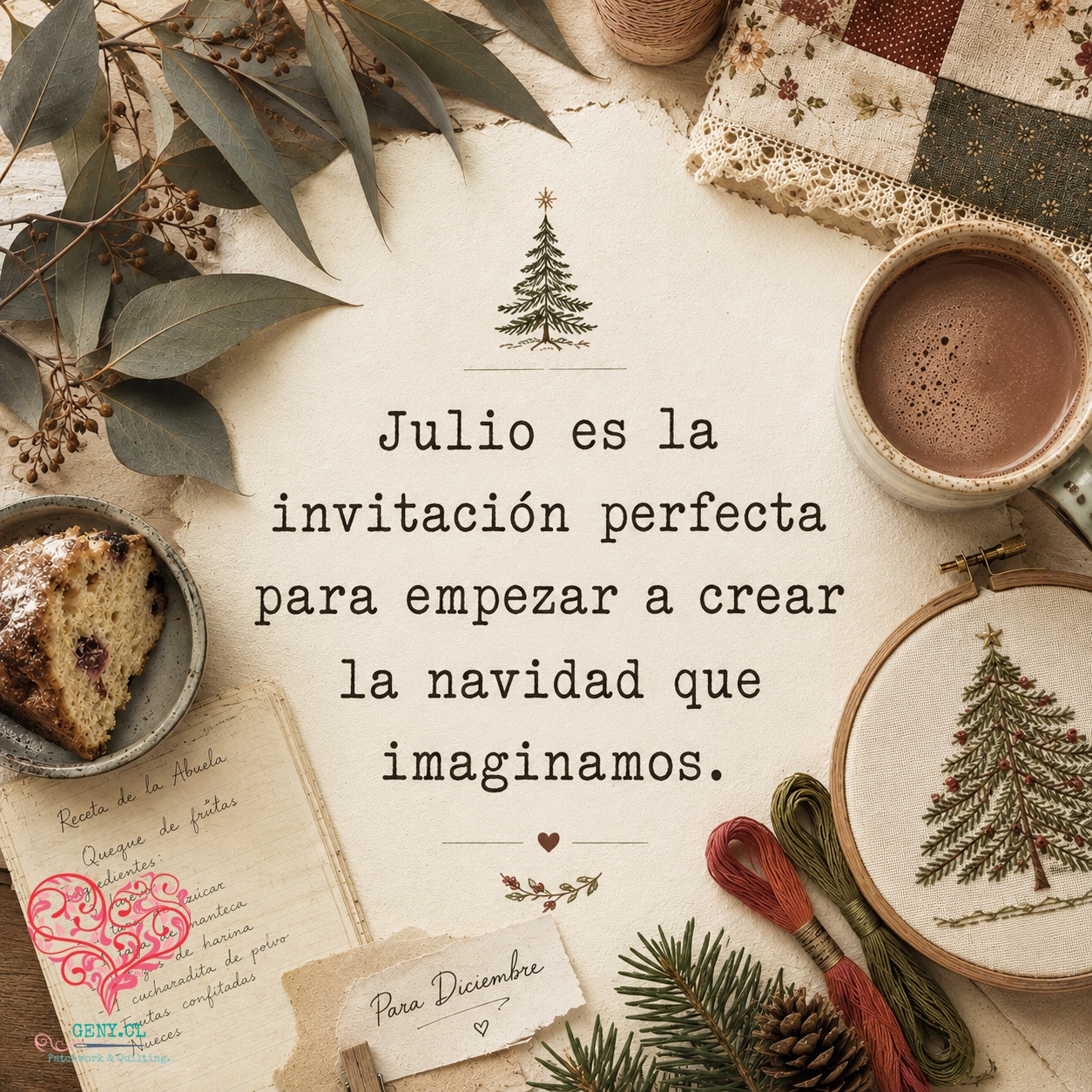 Frase creativa de los rituales de invierno creativo, rodeado de elementos como bordados, tes hojas de eucalipto.
