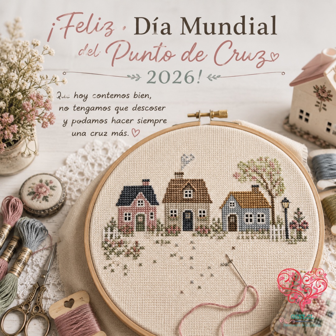  Casitas bordadas en punto de cruz para celebrar el Día Mundial del Punto de Cruz 2026. Cross stitch houses celebrating World Cross Stitch Day 2026.