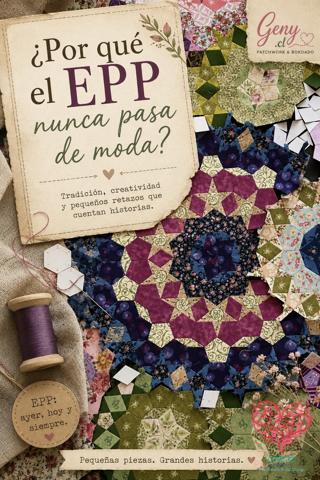 Portada sobre EPP o English Paper Piecing con un Passacaglia de telas de colores y elementos de costura.