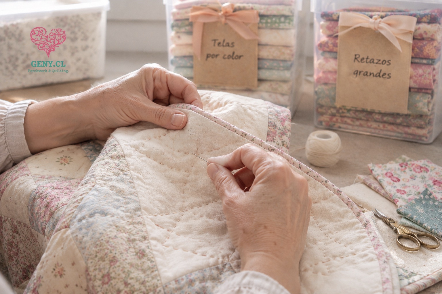 Manos realizando Hand Quilting o acolchado a mano sobre un quilt de patchwork en un espacio de costura.