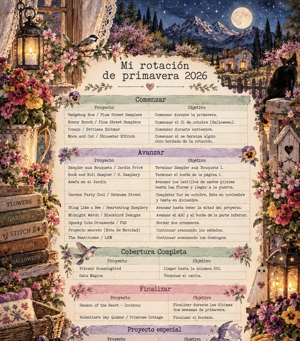 Ilustración de la Rotación de Primavera 2026 con proyectos de punto de cruz, flores, calabazas, gato negro, colibrí y detalles de Halloween.