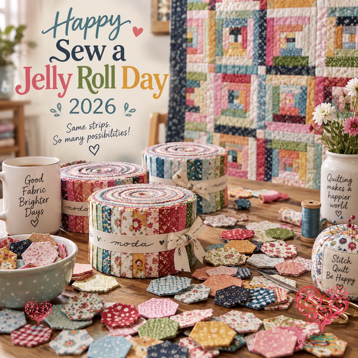 Jelly Rolls y hexies sobre una mesa para celebrar Sew a Jelly Roll Day 2026