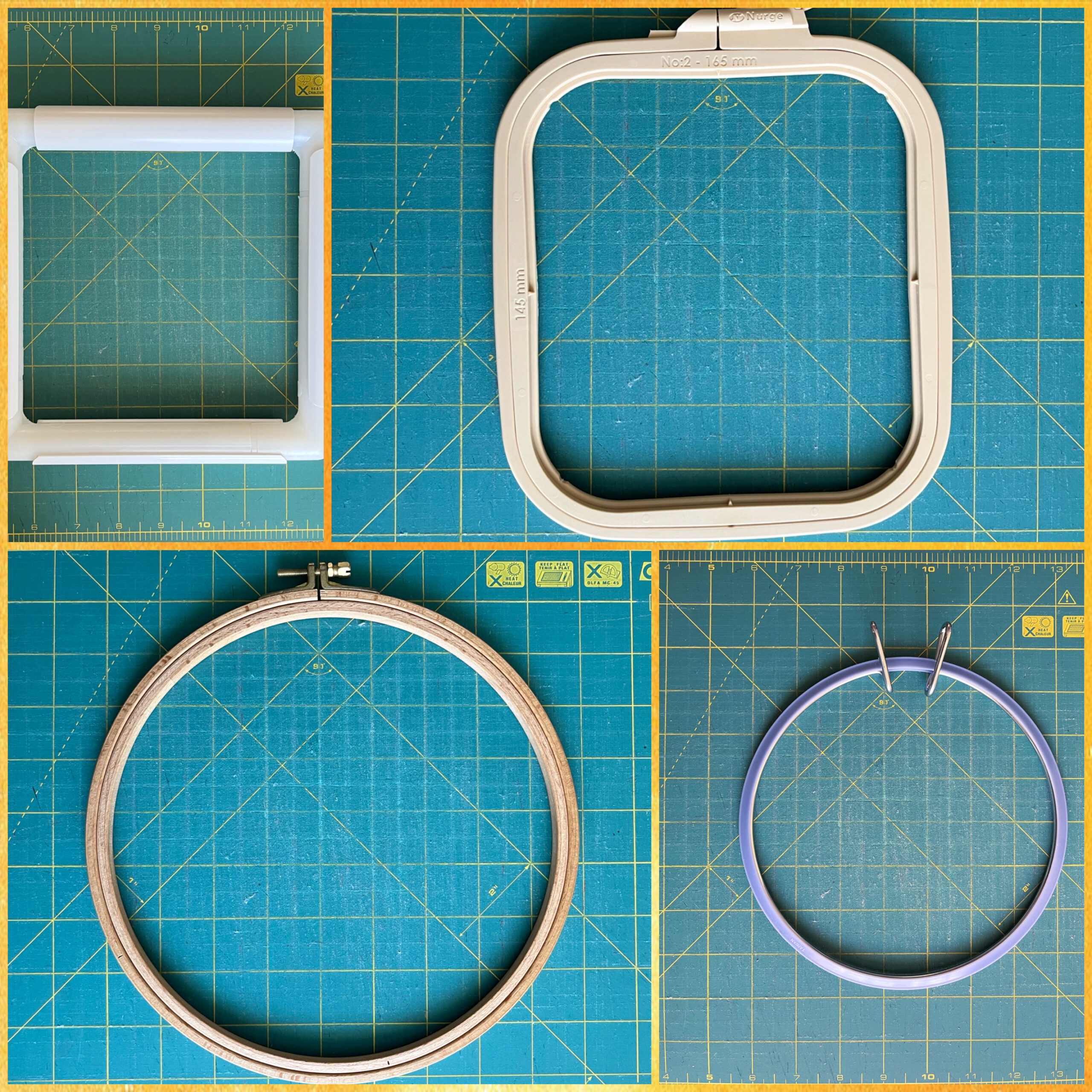 materiales para hand quilting: Collage de cuatro bastidores: Q-Snap, Nurge y aros tradicionales de madera y plástico, entre los materiales para Hand Quilting.