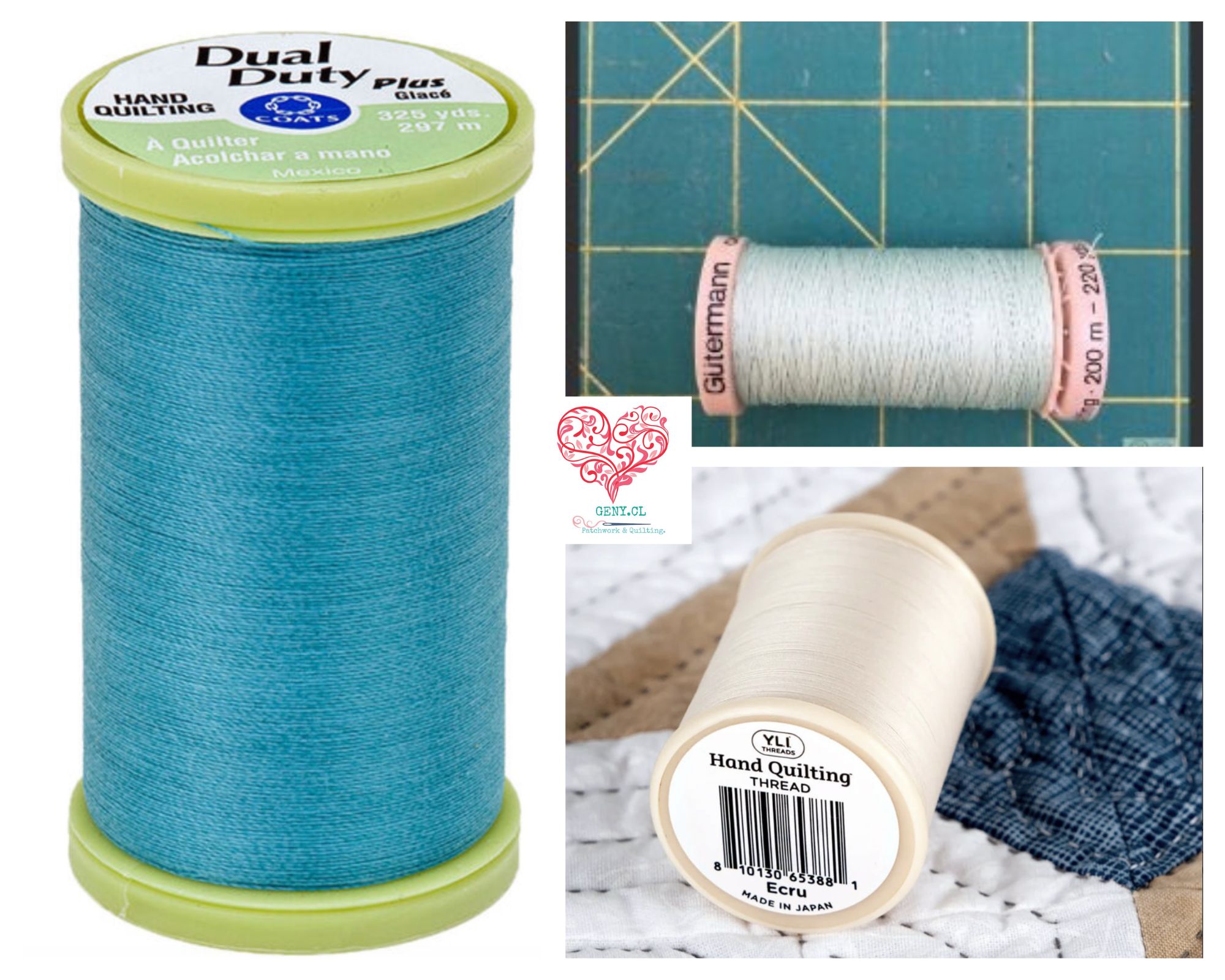 Collage de hilos Gütermann, YLI y Coats & Clark, materiales para Hand Quilting y acolchado a mano tradicional.