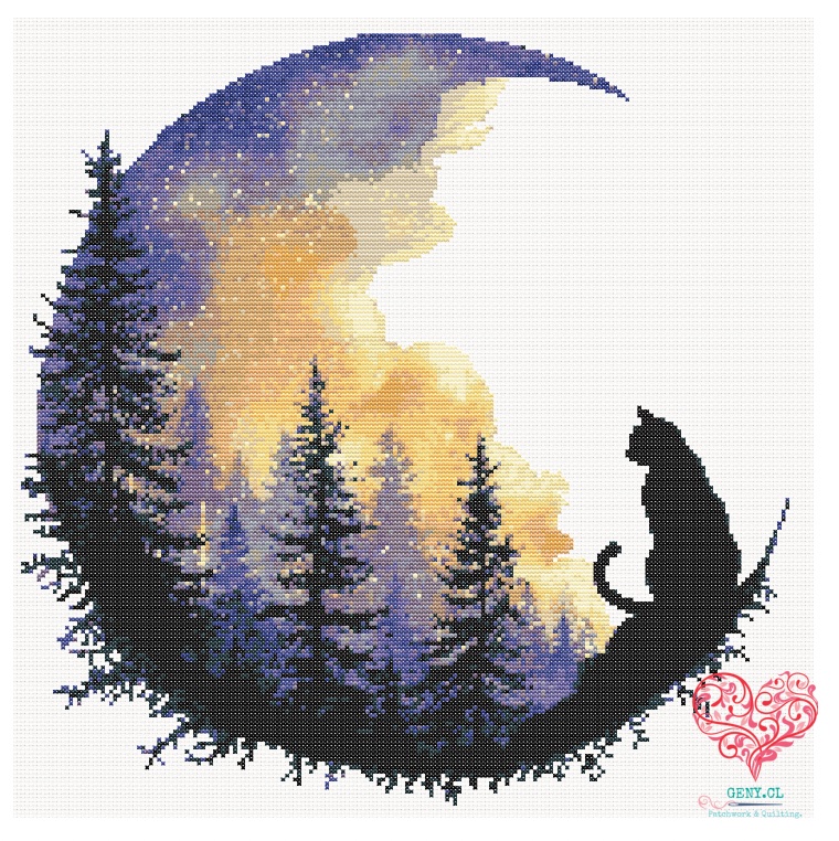 Diseño Moon and Cat de Shinestar XStitch, con un gato negro sentado sobre una rama frente a una luna luminosa, rodeada de abetos y un cielo violeta y dorado.