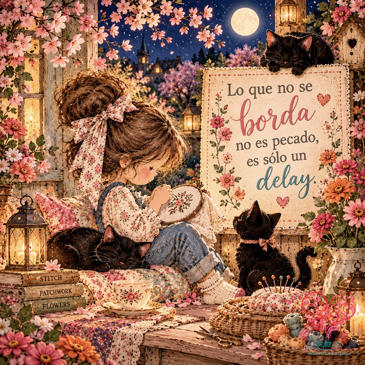 Ilustración primaveral de una niña bordando junto a tres gatos negros, flores rosadas y una frase sobre disfrutar el bordado sin presiones.